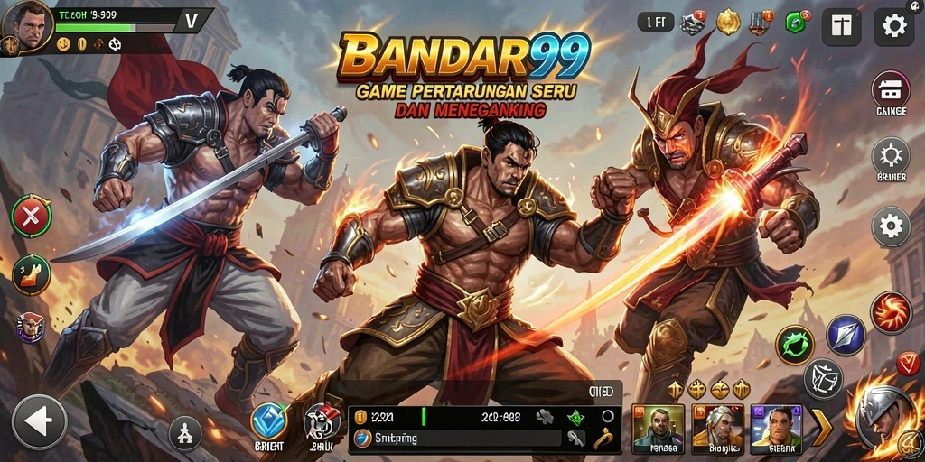 Tangkapan layar gameplay BANDAR99 yang menunjukkan pertarungan seru dan karakter beragam.