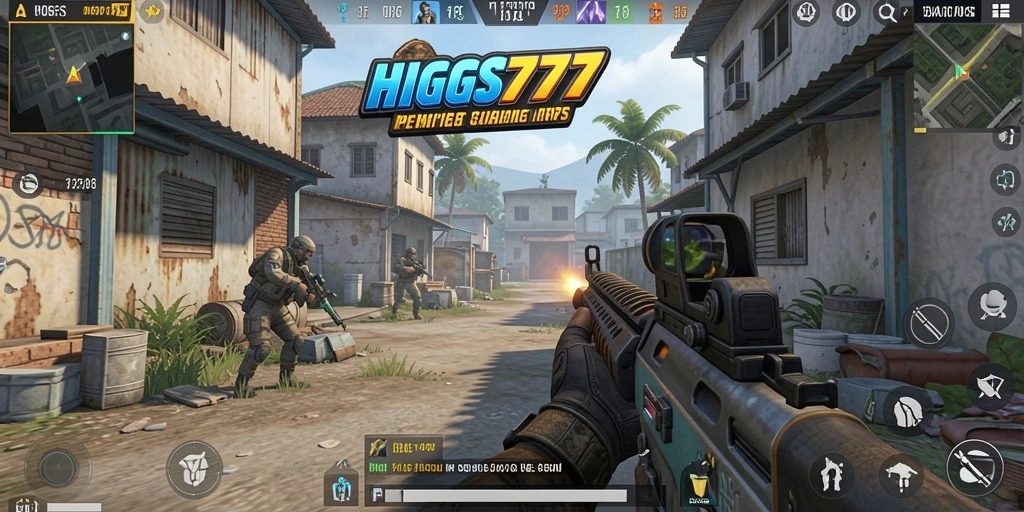 Tangkapan layar gameplay HIGGS777 menunjukkan aksi seru dalam pertempuran FPS.