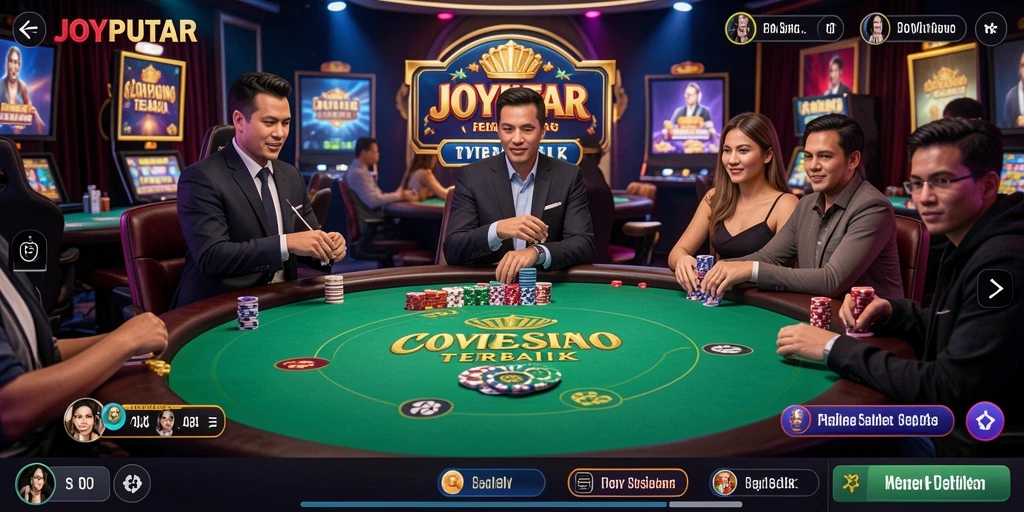 Screenshot gameplay JOYPUTAR yang menampilkan dealer langsung dan pemain yang terlibat.