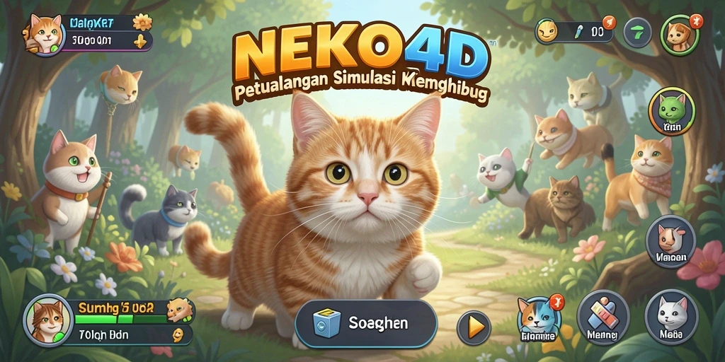Tampilan screenshot NEKO4D menampilkan gameplay interaktif dengan kucing-kucing lucu.