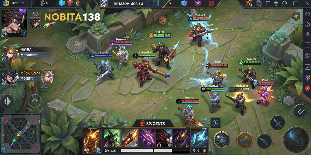 Tangkapan layar gameplay NOBITA138 yang menunjukkan aksi pertempuran seru dalam mode MOBA.