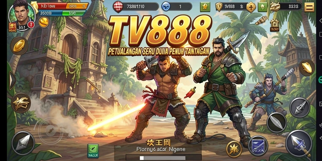 Screenshot utama TV888 menampilkan karakter utama dalam misi petualangan yang menegangkan.